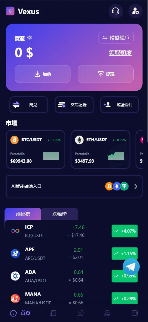 【亲测】Vexus多语言虚拟货币交易所/模拟账户+现货交易+永续合约+交割合约+基金理财+锁仓挖矿+质押贷款+闪兑/前端vue编译后+后端Java